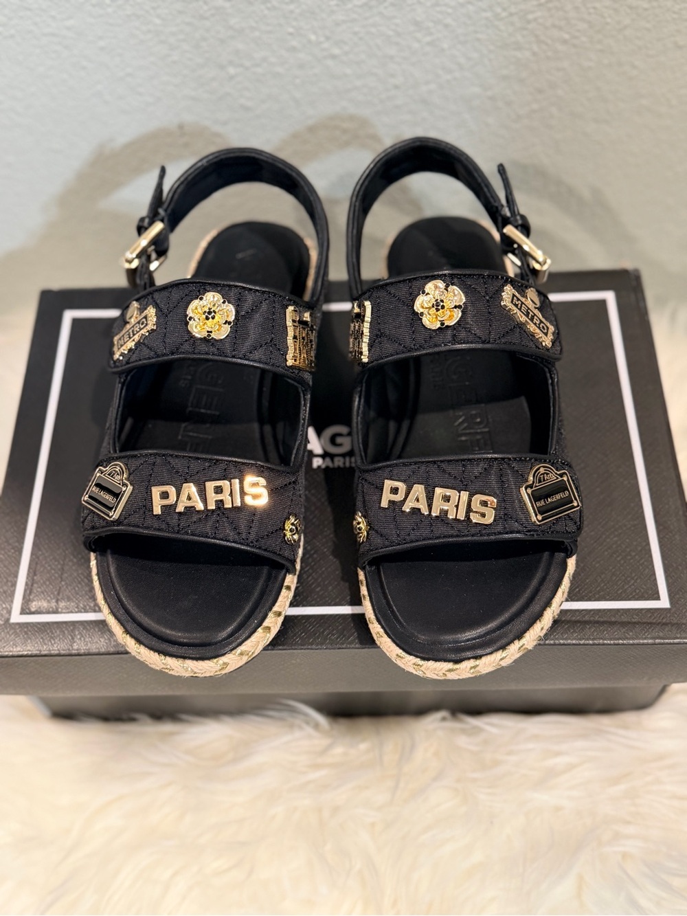 Karl Lagerfeld Charlay Rue Pins Black Sandals with Gold Paris Embellishments